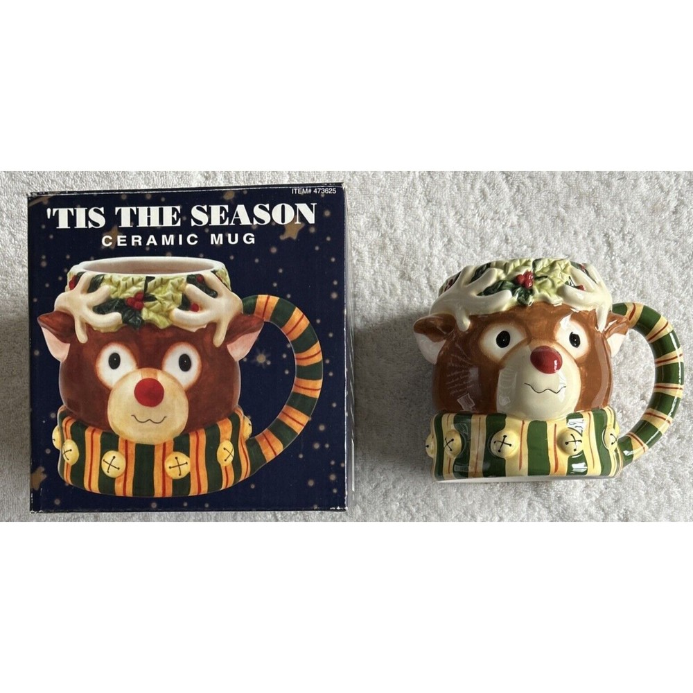 Susan Winget TIS THE SEASON 20 oz. Ceramic Mug Xmas Reindeer Hand Painted NIB